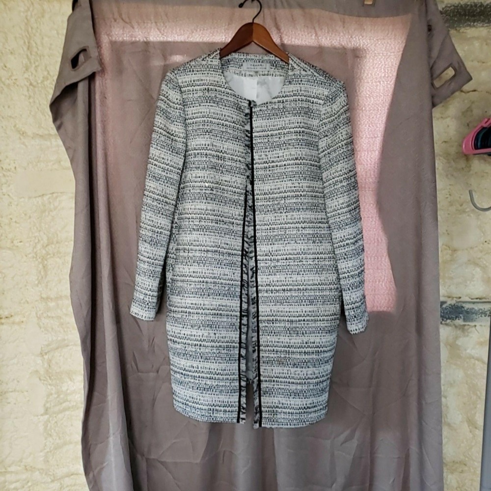 Tahari Arthur S. Levine Coat Womens 14 White Tweed Collarless Lined Mid Length